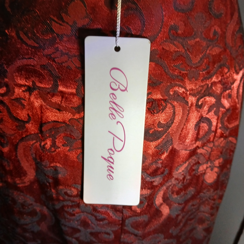 Luxurious Red Brocade Maxi Skirt with Black Ribbon Details - Picture 3 of 7
